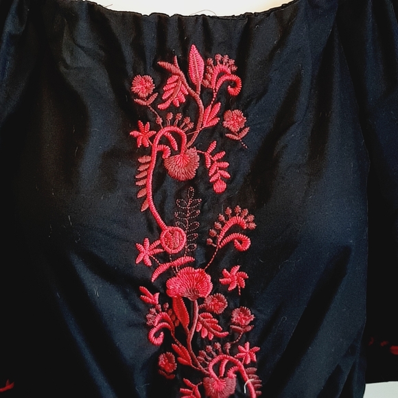 🅱️🅾️G🅾️ Zara red floral embroidery black cotton blouse - Picture 5 of 6